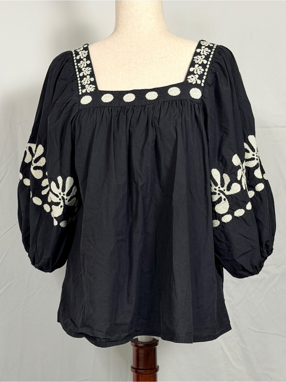 Corey Lynn Calter Black Blouse with white Floral Embroidery peasant, bohemian